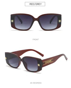 Detailed view of the stylish thick-frame square sunglasses with gradient lenses and temple branding.