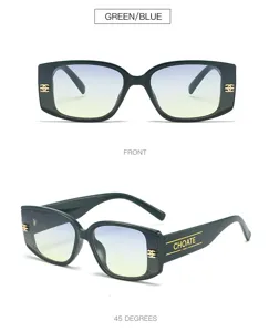 Detailed view of trendy thick-frame square sunglasses with gradient lenses and gold temples.