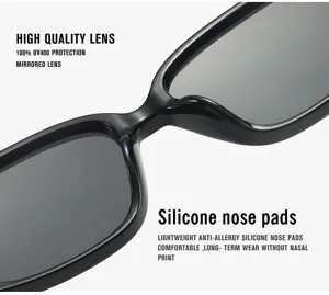 Detail view of black square sunglasses highlighting UV400 protection and silicone nose pads.