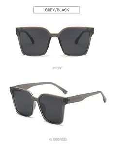 Close-up detail of grey and black oversized square frame sunglasses with gradient dark lenses.