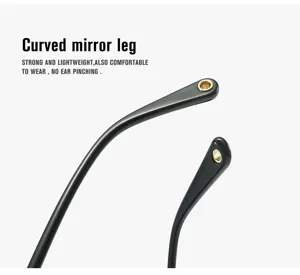 Close-up detail of lightweight black sunglasses curved temple leg, comfortable daily wear.