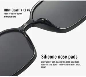 Close up detail of black frame sunglasses showing high quality silicone nose pads and UV400 lens.