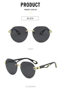 Luxus rahmenlose Sonnenbrille für Damen und Herren, schwarze Gläser mit goldenen Details.