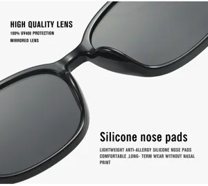 Schwarze runde Sonnenbrille Detail mit UV400-Schutz und bequemen Silikon-Nasenpads für Komfort.
