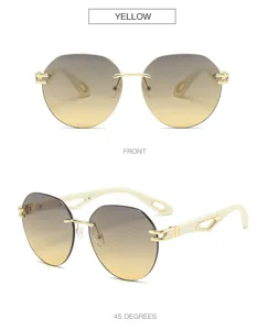 Modische bügellose Sonnenbrille mit Farbverlauf für Damen und Herren, goldener Metallrahmen.