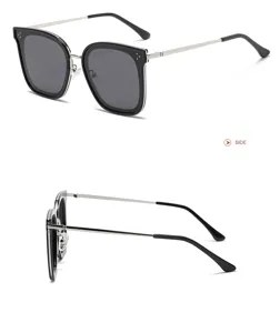 Gafas de sol polarizadas de moda con montura cuadrada negra y patillas de metal elegantes