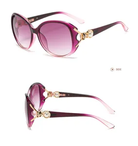 Damen Sonnenbrille mit Farbverlauf Lila, schicke Perlen Metall Bügel, elegante Fahrsonnenbrille.