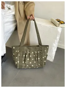 Borsa a tracolla verde a pois vista dettagliata, borsa grande retrò casual per le donne.