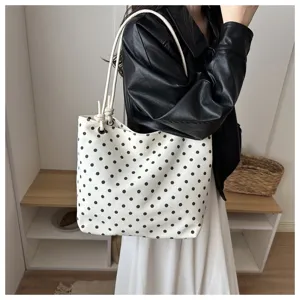 Borsa shopper in tela a pois da donna, elegante borsa a spalla per pendolarismo e uso.