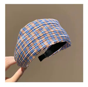 Diadema ancha de cuadros plisados vintage para mujer, aro de pelo de tela para lavado.