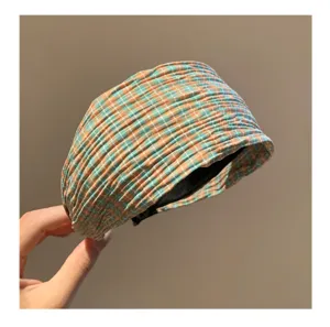 Diadema de pelo ancha a cuadros plisados vintage para mujer, elegante banda de tela para diario.