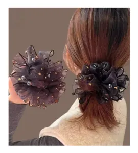 Σκοτεινό scrunchie μαλλιών από τούλι με χάντρες, κομψό λάστιχο για γυναίκες καθημερινή χρήση.