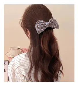 Elegante pinza de pelo con lazo a cuadros para mujer, accesorio vintage de tela para cola caballo.