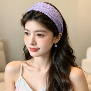 Diadema ancha plisada de lunares morados para mujer, aro de pelo de tela suave antideslizante