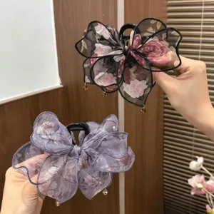 Pinza de Pelo de Malla de Rosa Vintage Para Mujer Accesorios de Cabello Con Cuentas Pinza Grande de Mandíbula Moda
