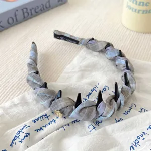 Diadema de cuadros con dientes, banda para el pelo de tela gris azul, accesorios antideslizantes.