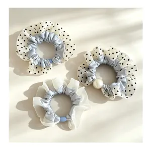 Coleteros para el pelo de satén con lunares y perlas, accesorios elegantes para mujeres.