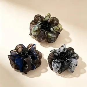 Elegante pinza de pelo de flor de malla con gran pinza tiburón para mujeres accesorios