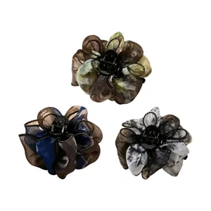 Elegante pinza de pelo de flor de malla, pinza tiburón transparente para moño de mujer.
