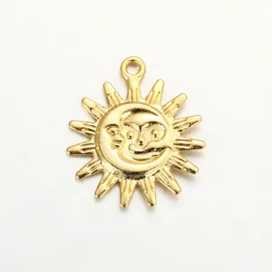 Gold sun moon face alloy pendant detail shot, vintage celestial DIY jewelry making accessory.