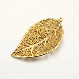 Gold filigree leaf pendant vintage metal charm handmade DIY necklace jewelry accessory