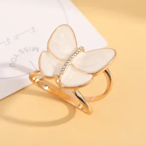 French vintage butterfly scarf ring elegant gold metal white enamel rhinestone clasp