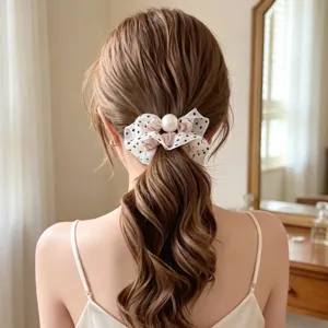 Mujer Moda Lunares Volantes Coletero Con Perla Grande Elástico Pasta Cabello Dulce Chica Soporte Cola Cabello Accesorios Cabello
