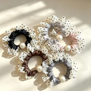 Coleteros de gasa con lunares y perlas grandes, accesorios elásticos y elegantes para el pelo.