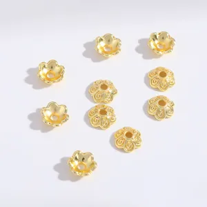 Gold flower bead caps detail, alloy spacers for DIY jewelry bracelet necklace making.