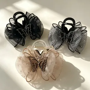 Elegante Gaas Kant Strik Haarklem Met Strass Vlinder Grote Shark Clip Fee Kapsel Haaraccessoires Voor Vrouwen