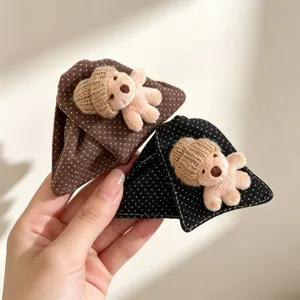 Molla per capelli triangolare in tessuto a pois rétro con orsetto di peluche, accessorio.