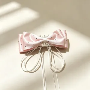 Roze stippen satijn strik haar klem clip met lange witte linten voor vrouwenhaar.