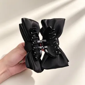 Elegante zwarte satijnen strik haarklem voor dames, Franse stijl opsteker haaraccessoire.
