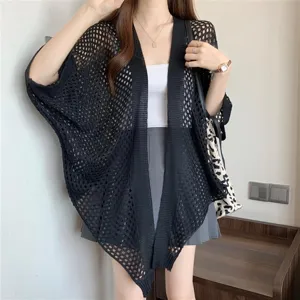 Women summer black hollow out knitted cardigan batwing sleeve casual outerwear top chic