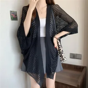 Black hollow knit cardigan women summer sun protection shawl batwing sleeve beach cover up