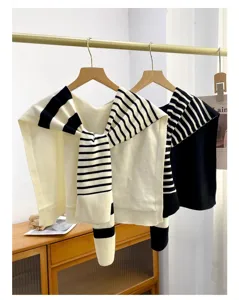 Knit striped fake sleeves shawl women stylish office shoulder wrap sweater scarf outerwear