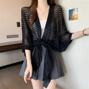 Women summer black hollow knit cardigan cape short sleeve elegant casual stylish outerwear top