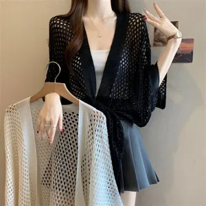 Summer hollow knit cardigan women lightweight sheer shrug shawl beach cover up tops chic design