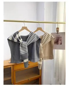 Knitted striped fake collar shawl scarf detail view, stylish office shoulder wrap outerwear.