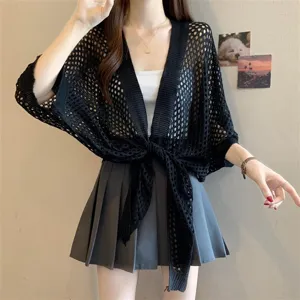 Black hollow knit cardigan women summer thin cover up mesh shawl top elegant style