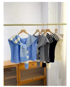 Striped knitted fake collar shawl detail, casual shoulder wrap garment display accessory.