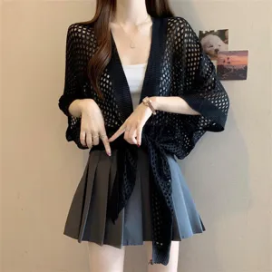 Detailed shot of women's black hollow-knit summer cardigan outer wear with stylish design.