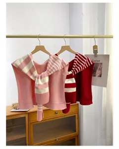Knitted striped fake collar shoulder wrap detail view, soft cozy fabric, stylish accessory.