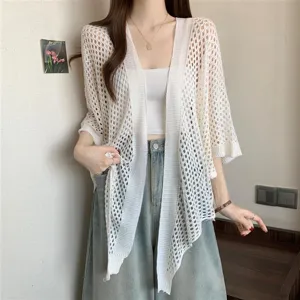 White hollow-out knit cardigan for women, summer thin ice silk cape shawl, casual outerwear.