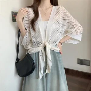 Detail view of a white hollow-out knit cardigan for women, summer thin shawl top.