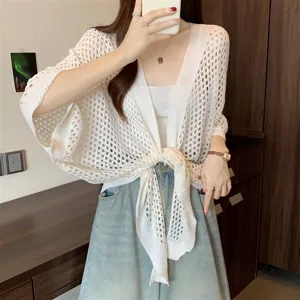 White hollow knit cardigan for women, summer thin lightweight cape top, elegant beach cover-up.