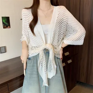 White summer hollow knit cardigan detail, lightweight mesh beach cover-up with tie front closure.