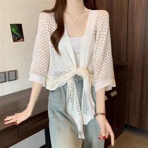 White hollow knit cardigan for women, summer thin beach cover-up, stylish V-neck shawl top.