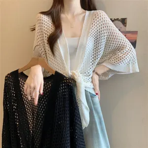 Women summer thin hollow knit cardigan casual outer cape shawl top stylish breathable beach cover up