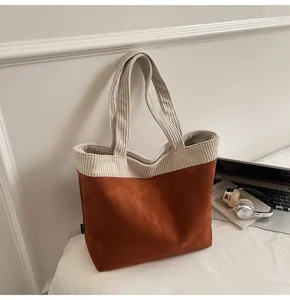 Casual large capacity corduroy tote bag for women, Japanese style student shoulder bag.